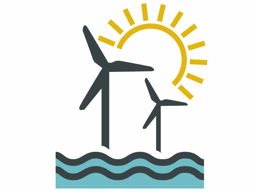 Sdjęcie z wiatrakami, słońcem i wodą symbolizujące ekologiczny prąd