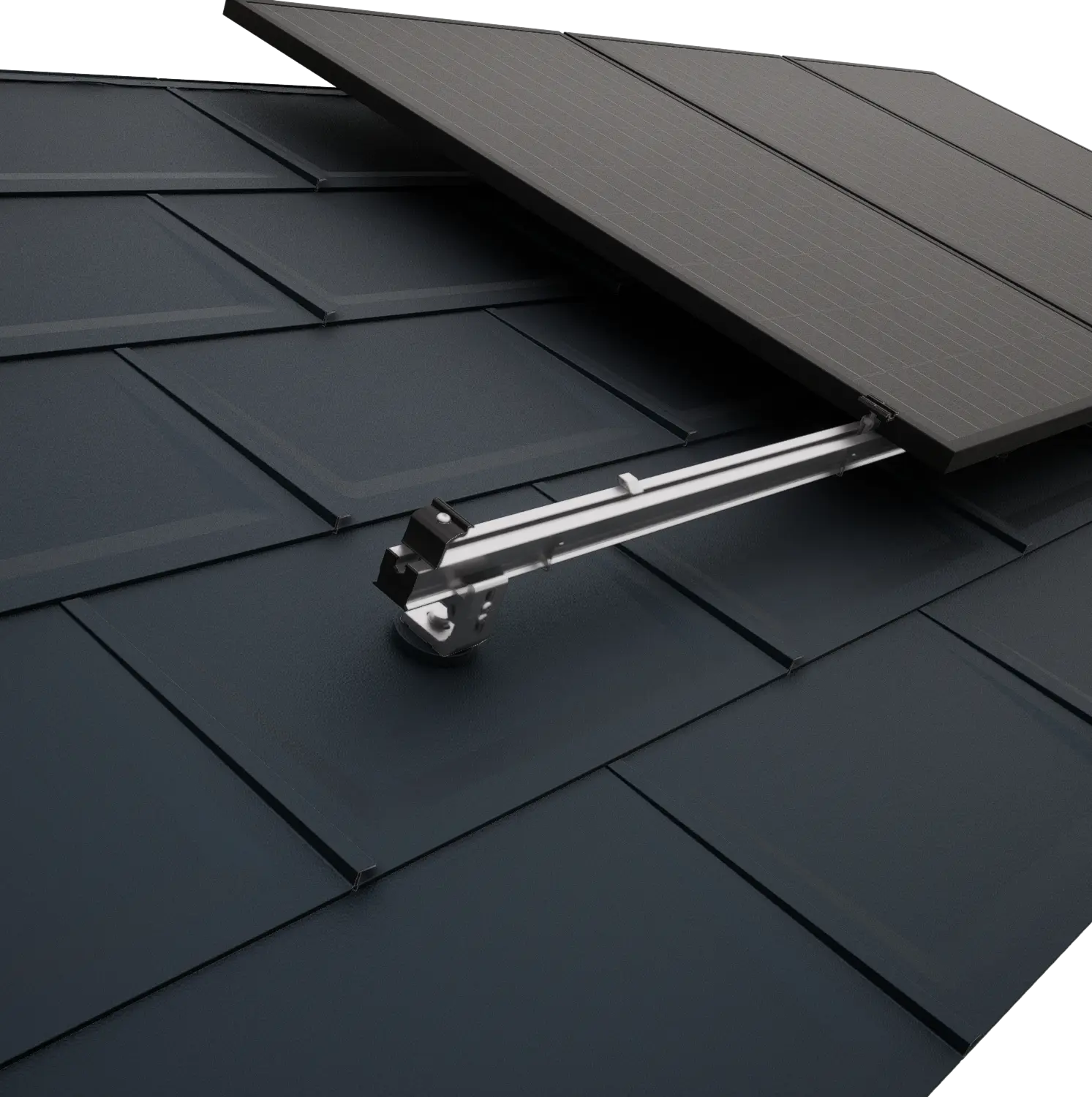 Nahaufnahme eines PREFA Daches mit PV-Modulen, welche mit dem PREVARIO Solarmontagesystem befestigt wurden.