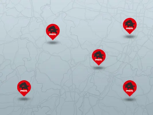 Mapa z lokalizacjami zakładów partnerskich PREFA