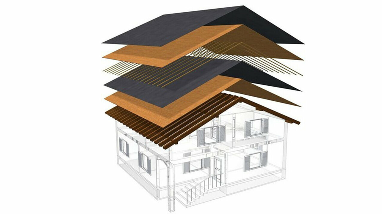 Ilustracja techniczna konstrukcji dachu nieocieplanego, konstrukcja dachu wielowarstwowego z łatami, pełnym deskowaniem, warstwą rozdzielającą, więźbą dachową; poddasze może być wykorzystywane jako użytkowe; konstrukcja dachu dwuwarstwowego, konstrukcja dachu wentylowanego; kontrłaty.