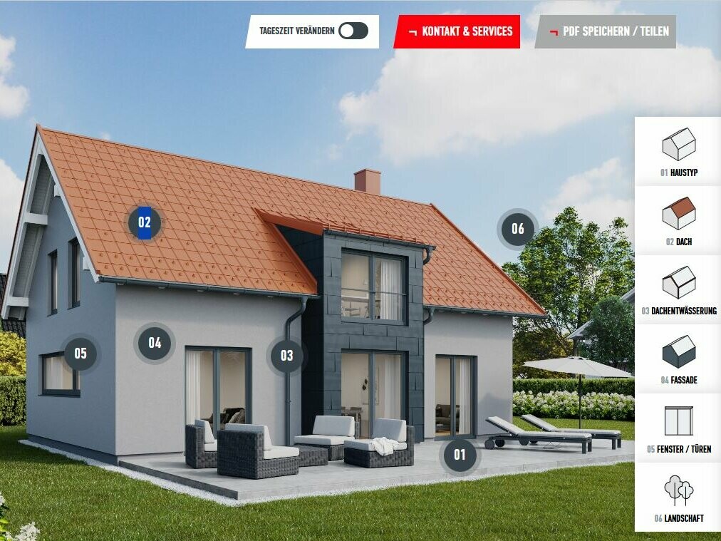 Konfigurator elewacji do remontu: interaktywny widok budynku z możliwością wyboru opcji elewacji, dachu i okien do indywidualnego projektowania nowej elewacji.