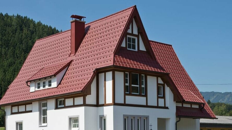 Dom dwurodzinny w wiejskiej lokalizacji z dachówkami klasycznymi PREFA w kolorze P.10 Czerwony