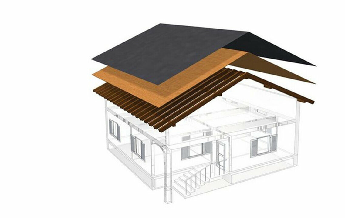 Ilustracja techniczna konstrukcji dachu jednopowłokowego PREFA – poddasze nie może być użytkowe, gdyż pełni rolę poziomu wentylacyjnego dla dachu metalowego; pełne deskowanie i warstwa rozdzielająca bez łat; dach ocieplony