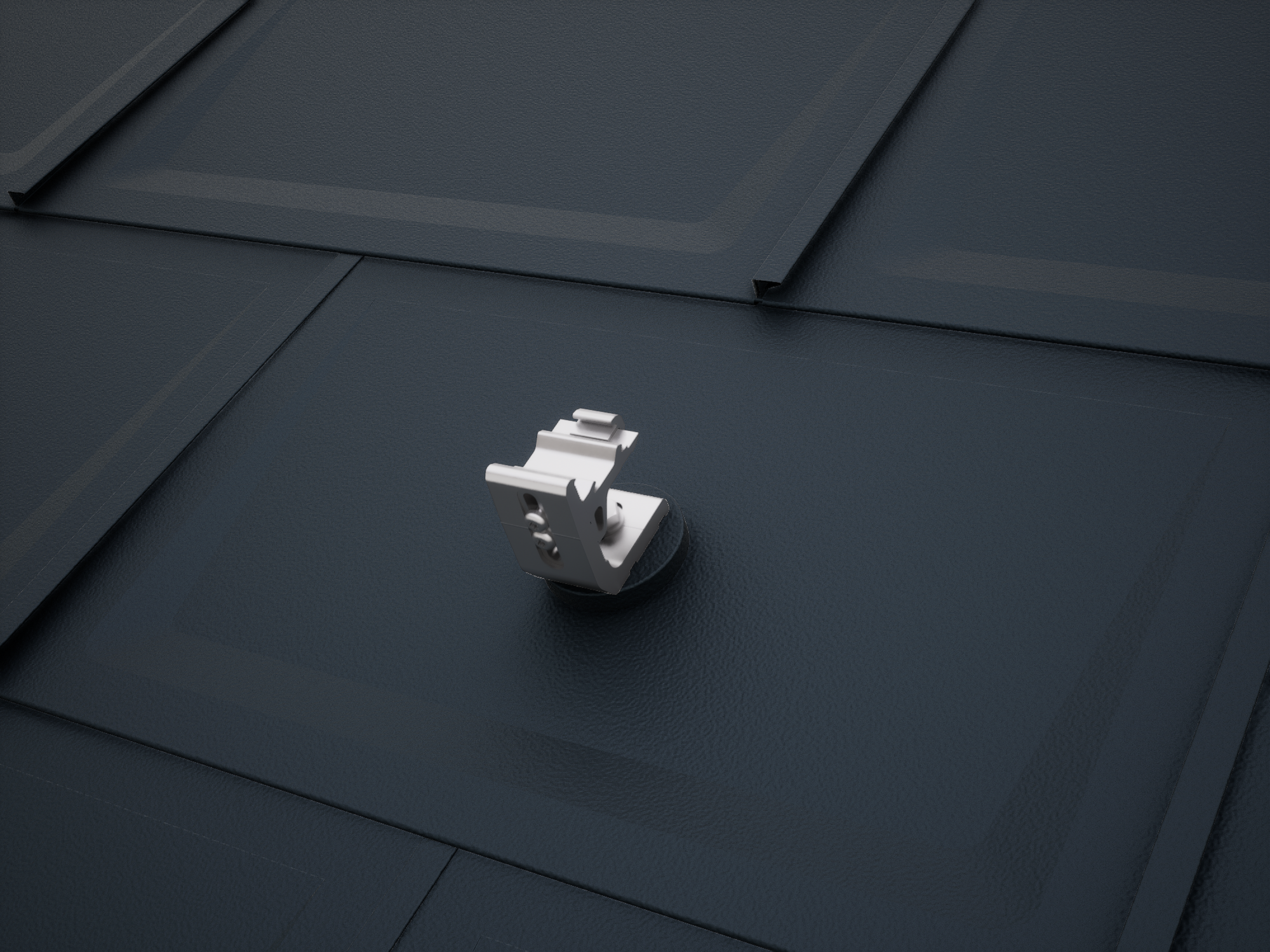 Rendering systemu montażu paneli słonecznych PREVARIO 3.S, zamontowanego na czarnych dachówkach klasycznych PREFA R.16. System ten stanowi idealną podstawę dla instalacji fotowoltaicznych na dachach aluminiowych PREFA.