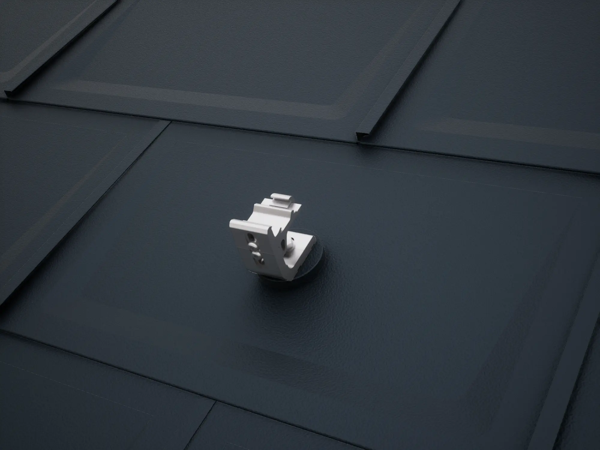 Rendering systemu montażu paneli słonecznych PREVARIO 3.S, zamontowanego na czarnych dachówkach klasycznych PREFA R.16. System ten stanowi idealną podstawę dla instalacji fotowoltaicznych na dachach aluminiowych PREFA.