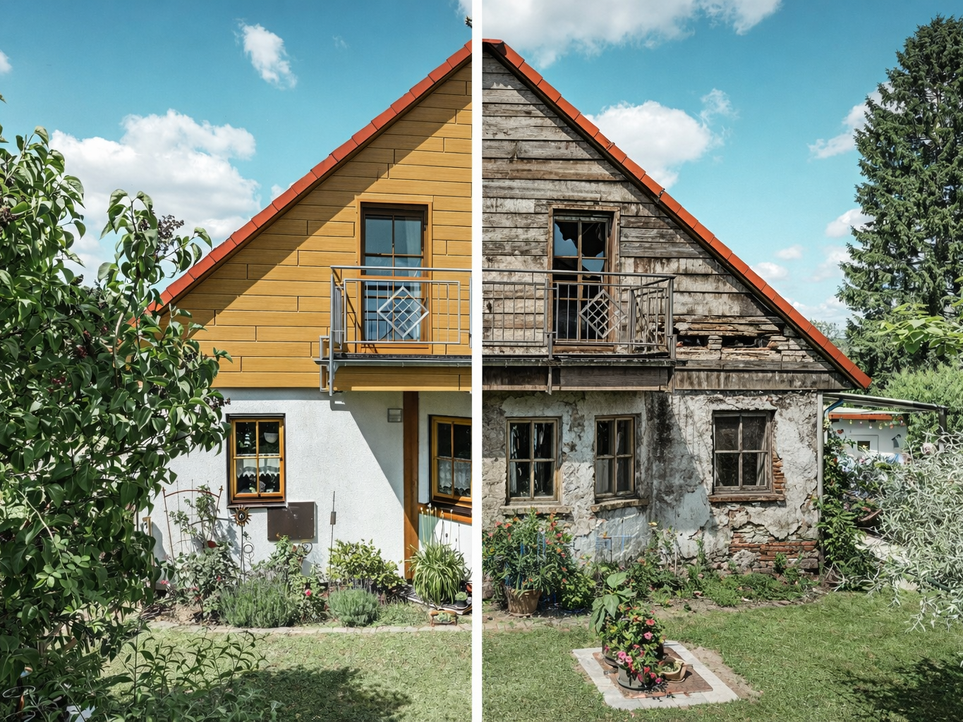 Fotografia domu z dwiema różnymi stronami elewacji: po lewej nowoczesna, zadbana elewacja z aluminiową elewacją PREFA w estetyce drewna, po prawej – zniszczona, wymagająca remontu elewacja z uszkodzonymi oknami i łuszczącą się farbą. Wyraźna linia podziału zaznacza punkt styku obu stanów na tle czystego, błękitnego nieba.