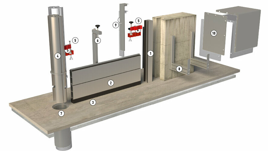 Szczegółowy rysunek systemu ochrony przeciwpowodziowej PREFA z aluminium z poszczególnymi komponentami 