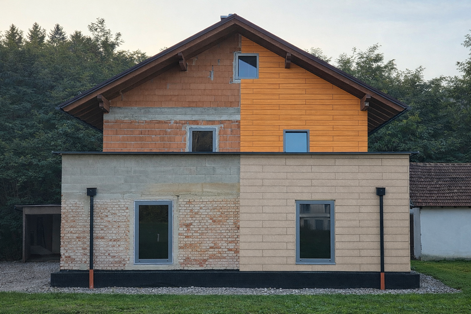 Wizualizacje remontów elewacji: profesjonalnie przygotowane ujęcia „przed i po” domu z różnymi materiałami elewacyjnymi, umożliwiające realistyczne przedstawienie rozwiązań remontowych. (grafika przygotowana z użyciem AI)