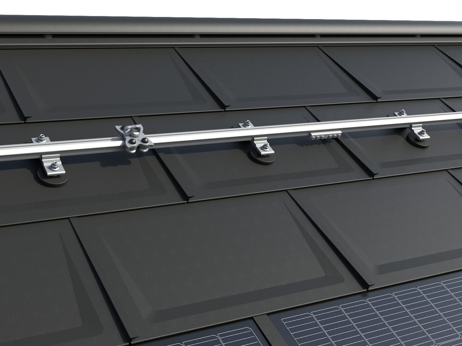 Zdjęcie przedstawia system szyn TAURUS firmy INNOTECH® na dachu PREFA z sprawdzoną dachówką klasyczną R.16. Instalacja obejmuje poziome szyny prowadzące i specjalnie zaprojektowane ślizgacze, które umożliwiają bezpieczne poruszanie się po dachu i konserwację instalacji fotowoltaicznych. System jest odpowiedni dla wszystkich produktów małoformatowych PREFA i stanowi niezawodne rozwiązanie do montażu i konserwacji instalacji fotowoltaicznych. Opracowany przez PREFA we współpracy z ekspertami ds. bezpieczeństwa pracy z INNOTECH®, system zabezpieczający posiada certyfikat EN 795 typu A i D i jest przeznaczony do zabezpieczania dwóch osób. Na dolnym brzegu zdjęcia widoczne są innowacyjne dachówki solarne PREFA.