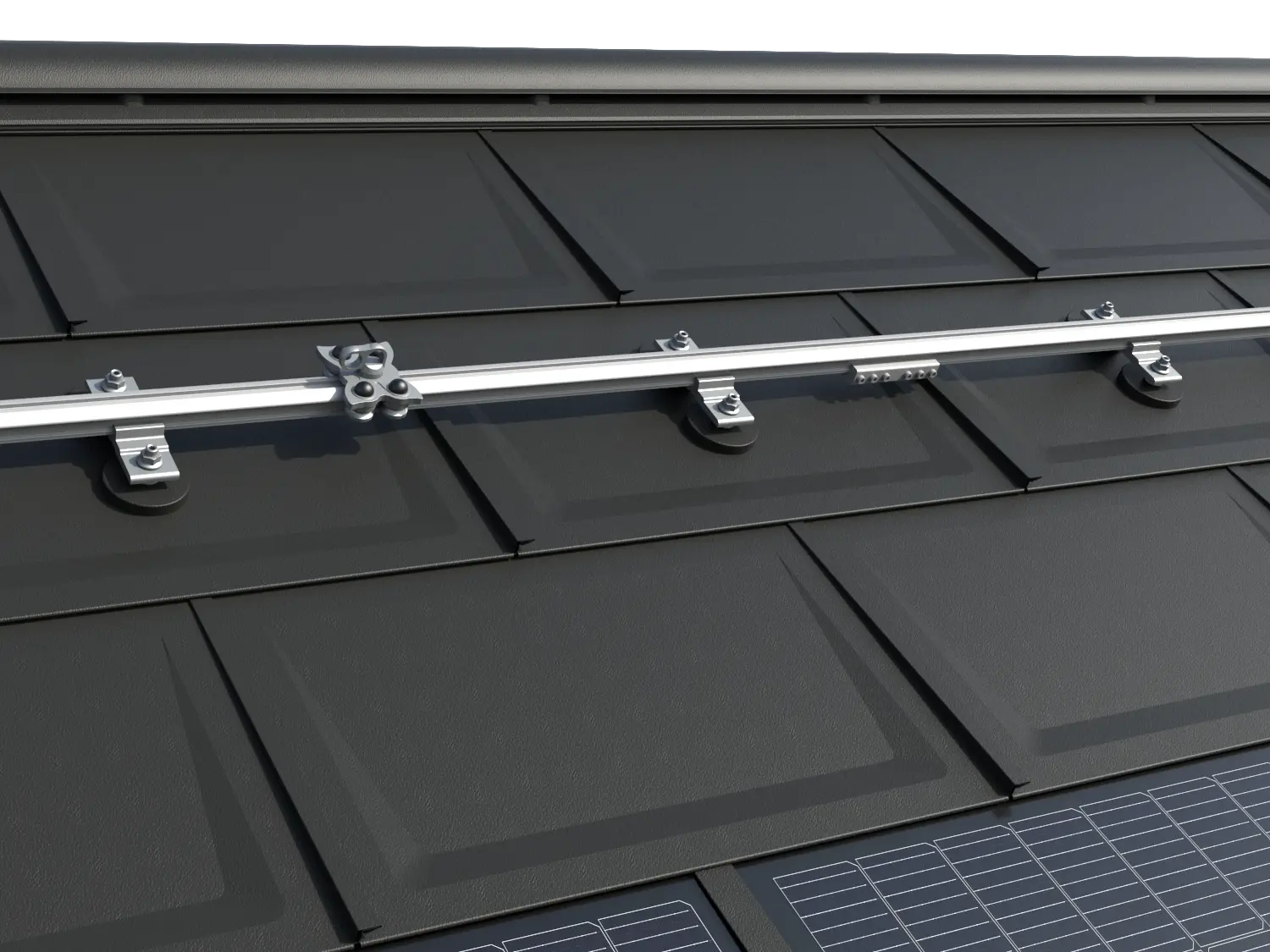 Zdjęcie przedstawia system szyn TAURUS firmy INNOTECH® na dachu PREFA z sprawdzoną dachówką klasyczną R.16. Instalacja obejmuje poziome szyny prowadzące i specjalnie zaprojektowane ślizgacze, które umożliwiają bezpieczne poruszanie się po dachu i konserwację instalacji fotowoltaicznych. System jest odpowiedni dla wszystkich produktów małoformatowych PREFA i stanowi niezawodne rozwiązanie do montażu i konserwacji instalacji fotowoltaicznych. Opracowany przez PREFA we współpracy z ekspertami ds. bezpieczeństwa pracy z INNOTECH®, system zabezpieczający posiada certyfikat EN 795 typu A i D i jest przeznaczony do zabezpieczania dwóch osób. Na dolnym brzegu zdjęcia widoczne są innowacyjne dachówki solarne PREFA.
