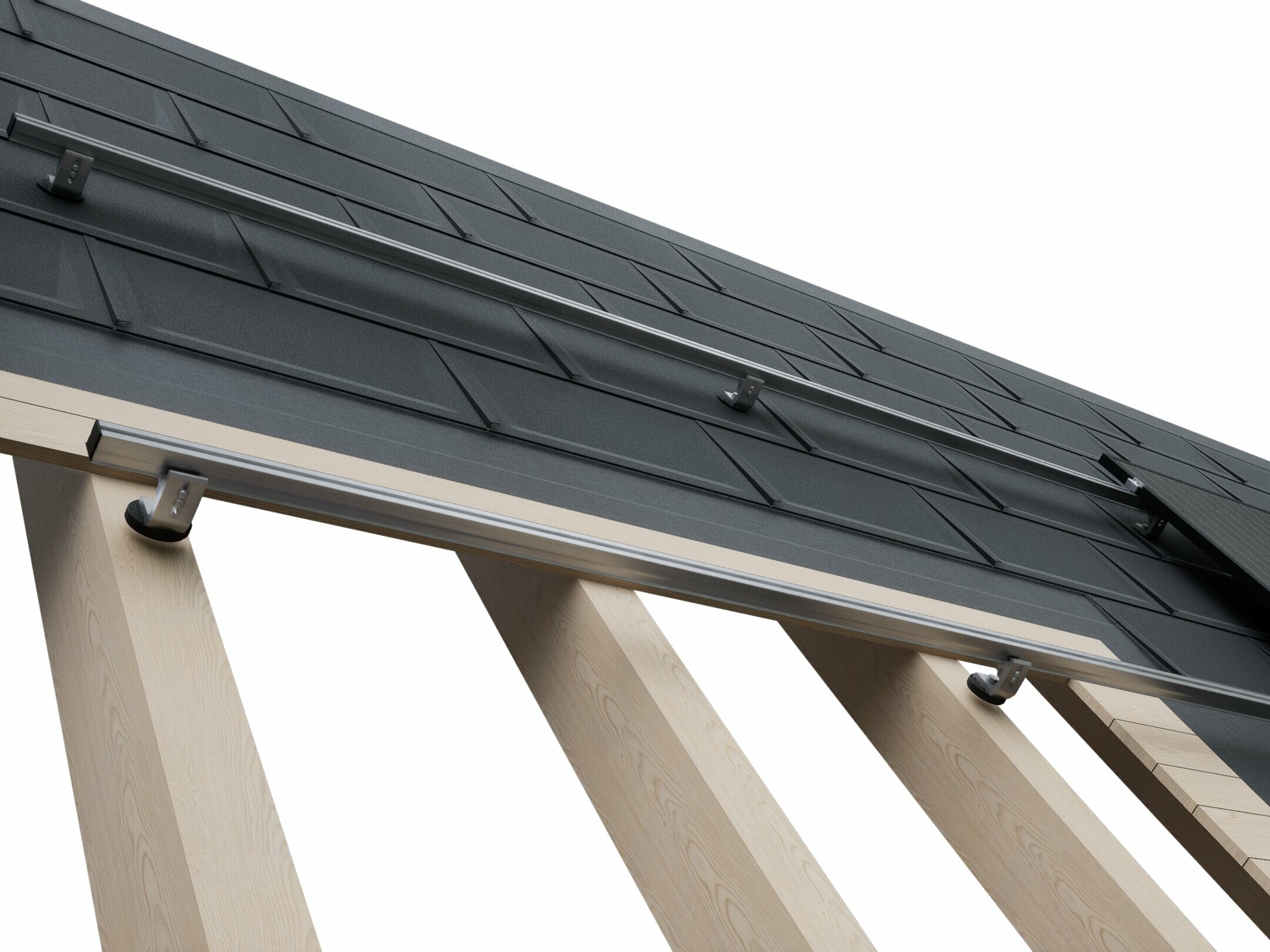 Ilustracja przedstawia schematyczną budowę systemu PREVARIO do montażu modułów solarnych na systemach dachowych PREFA. Poszczególne punkty mocowania znajdują się bezpośrednio na co drugiej krokwi i przebiegają przez powierzchnię dachu. Płyty dachowe PREFA R.16 montuje się na pełnym poszyciu. Do niego mocuje się solidne szyny aluminiowe, które tworzą konstrukcję nośną dla modułów fotowoltaicznych, które następnie można łatwo zainstalować. Dzięki solidnemu systemowi mocowania modułów solarnych można zmniejszyć o połowę liczbę wymaganych punktów mocowania przy zachowaniu tej samej stabilności.