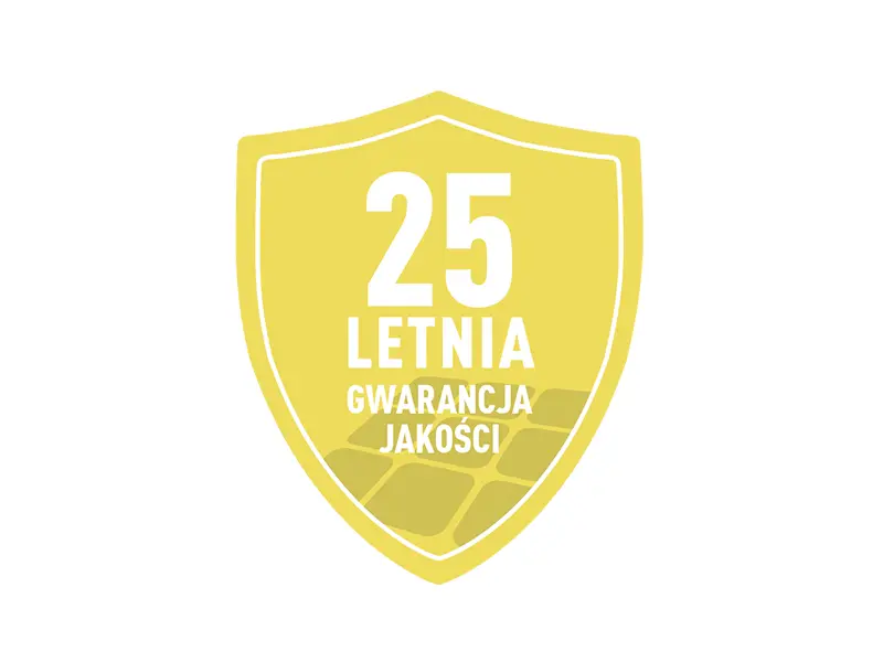 Żółte logo gwarancyjne dla 25-letniej gwarancji wydajności dachówki solarnej PREFA i modułu solarnego PREFALZ