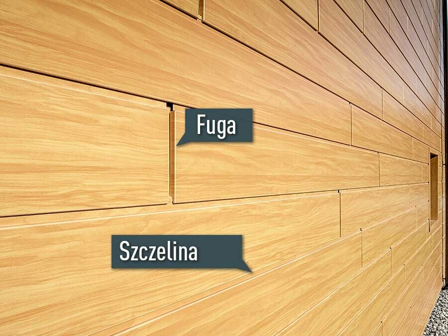 Widok sidingu w kolorze jasnego drewna (wygląd drewna) z fugą PREFA i szczeliną.