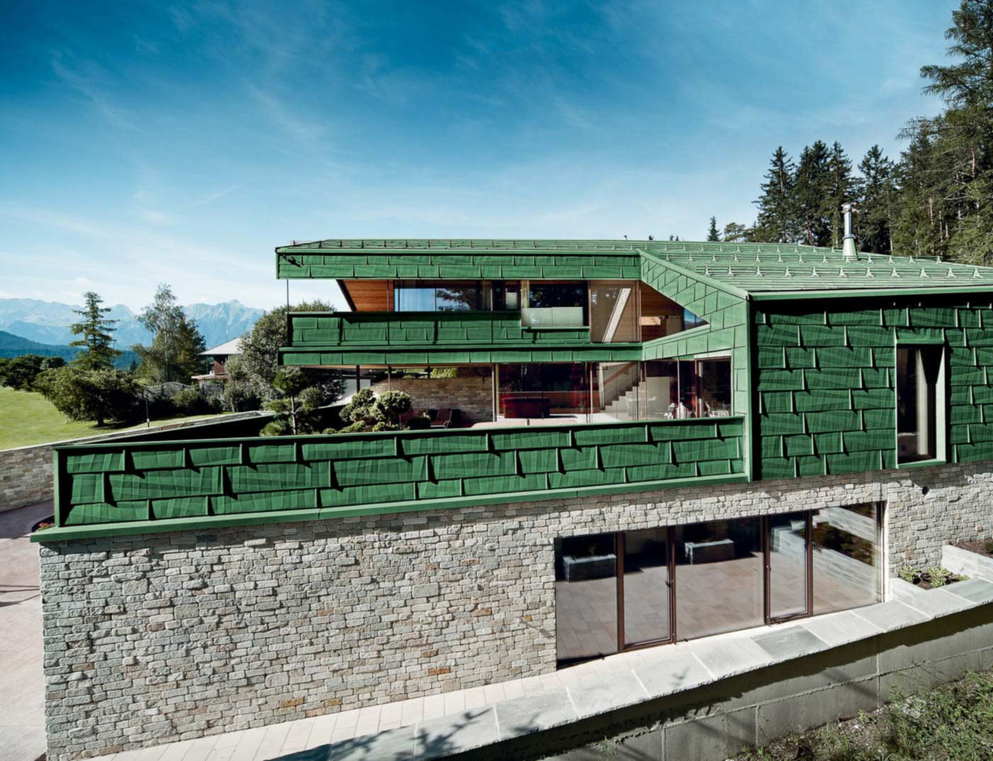 Obiekty referencyjne PREFA Systemy elewacyjne Panel elewacyjny FX.12 06 P.10 zieleń mchu